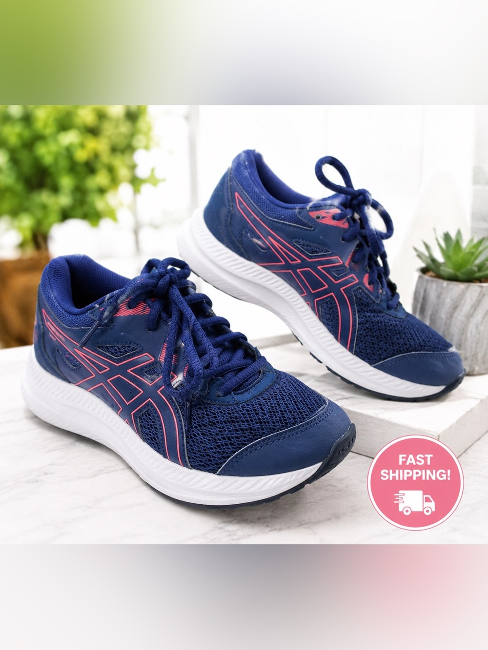ASICS kids running shoe size US 3 navy blue athletic sneakers lace contend 8 GS